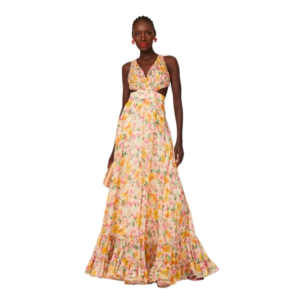 Leena for MacDuggal Floral Tie Back Maxi Gown Waist Cutouts in Chiffon Size 10